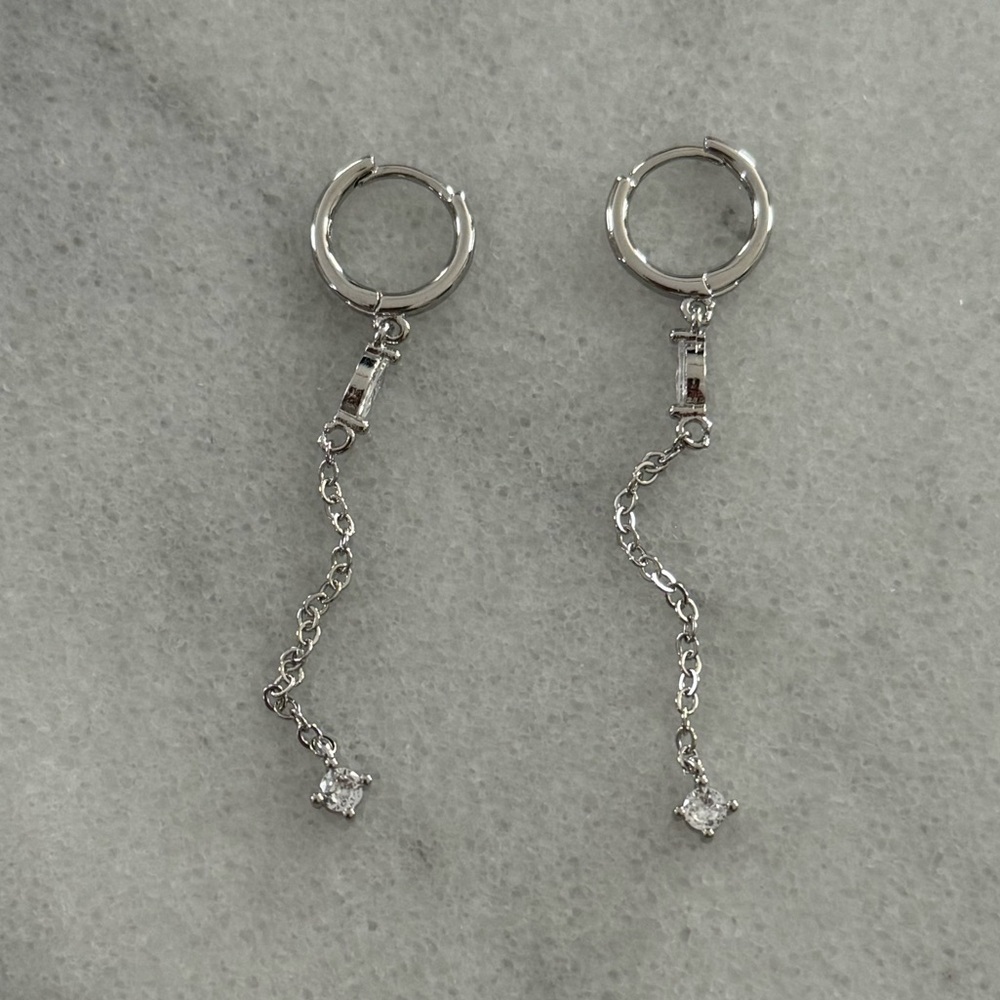 Sterling Silver Chain Long Tear Drop Crystal Huggie Hoop Earrings 

Brand New